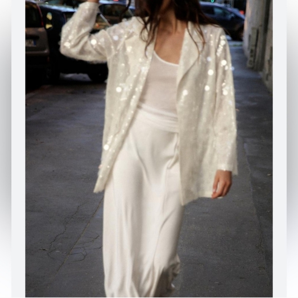 ZARA SEQUIN OPEN FRONT BLAZER Size S Cream - Picture 9 of 16